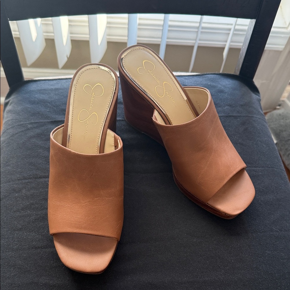 Jessica Simpson Tan Wedge Mules